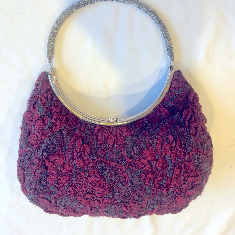 Daniel Swarovski red and grey lace hobo bag with hand laid crystal handle. Paris